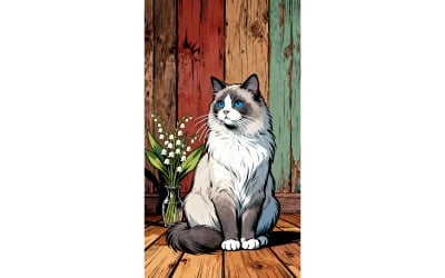 Ragdoll Cat Breed Vase Lilies Valley Wooden (Ai Illustration Image + Vector Line Art)