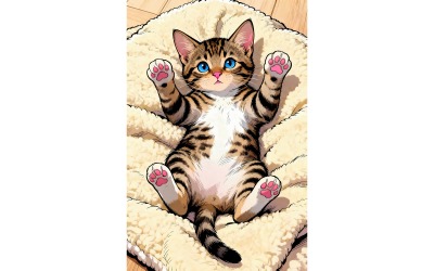 Vertical Shot Cute Cat With Blue Eyes Laying Blanket (Ai Illustration Image + Vector Line Art)