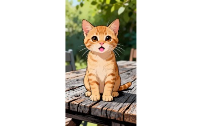 Vertical Shot Cute Ginger Kitten Looking Up Wooden Table (Ai Illustration Image + Vector Line Art)