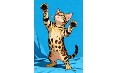 Vertical Studio Shot Cute Bengal Kitten Standing Playing (Ai Illustration Image + Vector Line Art)