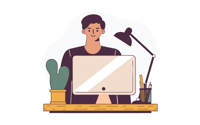 Young professional working on a desktop computer in a cozy workspace