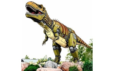 Closeup Robotic Dinosaur Tyrannosaurus Species (Ai Illustration Image + Vector Line Art)