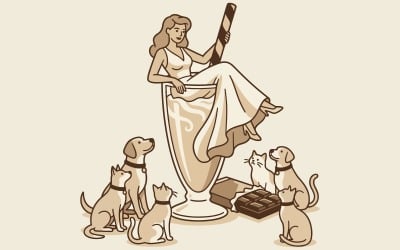 Illustration mignonne d&amp;#39;un personnage avec une femme buvant et des animaux pour une décoration murale.
