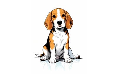 Beagle Dog Sitting With White Background (Ai Illustration Image + Vector Line Art)