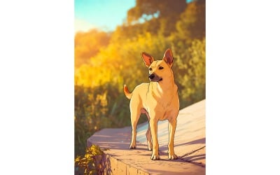 Beautiful Shot Cute Dog With Raised Ears (Ai Illustration Image + Vector Line Art)