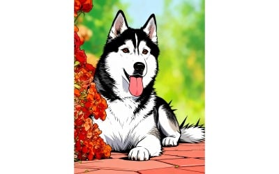 Near Bush Blooming Roses Portrait Siberian Husky (Ai Illustration Image + Vector Line Art)