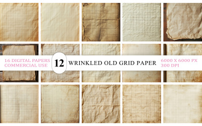 Old Notebook Grid Paper Digital | Retro Wrinkled Grid Paper | Crumpled Vintage Grid Paper Textures