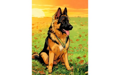 Champion German Shepherd Sits Grass (Ai Illustration Image + Vector Line Art)