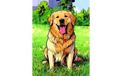 Golden Retriever Portrait Green Grass (Ai Illustration Image + Vector Line Art)