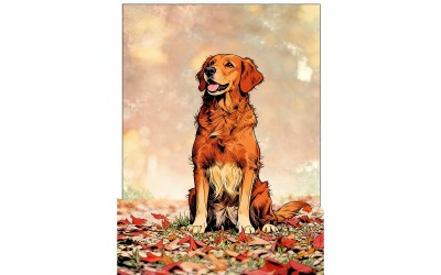 Golden Retriever Sitting Land (Ai Illustration Image + Vector Line Art)