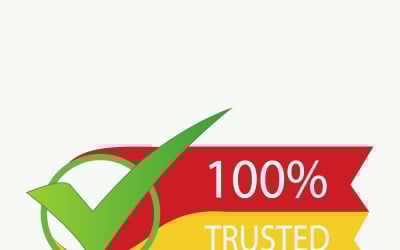100% 可信徽章，带有红色和黄色丝带上的绿色对勾