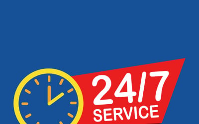 24/7 Service Icon With Clock, Bold Red Ribbon On Blue Background Communicating