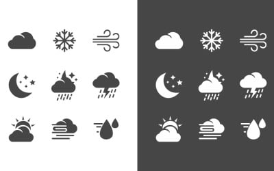 Weather Icon Set: Cloud, Snow, Wind, Moon, Stars, Rain, Thunder, Sun, and Day Night Symbols