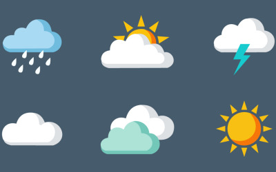 A comprehensive set of modern flat design weather forecast icons depicting various conditions