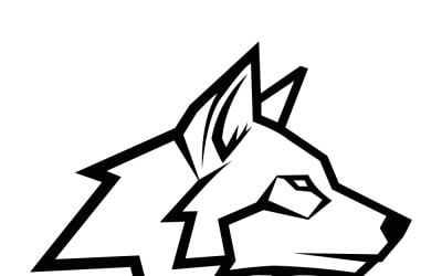 Geometrische illustratie van een wolvenkop in gedurfde zwarte lijntekening voor modern design en branding.