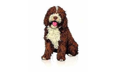 Langhaariger brauner Hund mit herausgestreckter Zunge (AI-Illustration + Vektor-Linienzeichnung)