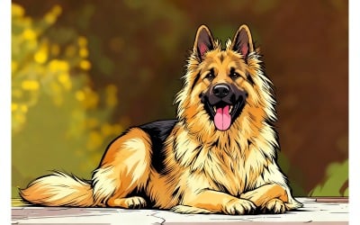 Selective Focus Shot Adorable German Shepherd (Ai Illustration Image + Vector Line Art)