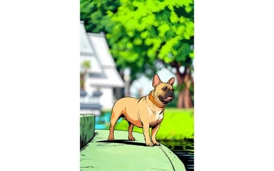 Vertical Closeup Fawn French Bulldog Standing Stairs (Ai Illustration Image + Vector Line Art)