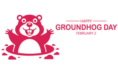 A cheerful cartoon groundhog pops out of its burrow to celebrate groundhog day