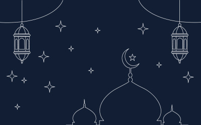 Elegancka islamska nocna scena z kopułami meczetów, półksiężycem, gwiazdami i wiszącymi latarniami
