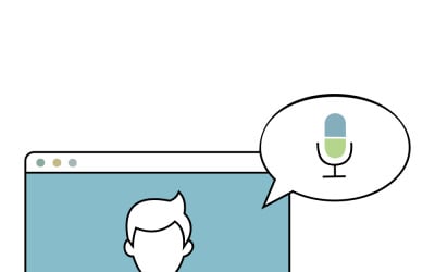 Online communication with a user profile and an active microphone icon for voice interaction