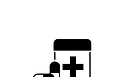 Frasco de medicamentos con dos pastillas. Icono de farmacia.