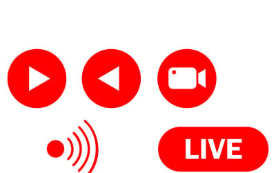 Red live streaming icons and media control buttons isolated on a white background