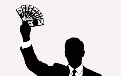 Biznesmen trzymający gotówkę w górze, symbolizujący bogactwo, sukces i dobrobyt finansowy
