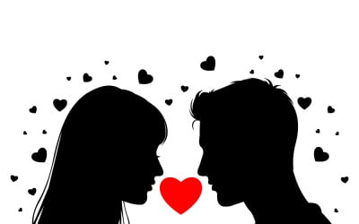 Romantic Couple Silhouette With Red Heart Between Them, Surrounded By Floating Hearts