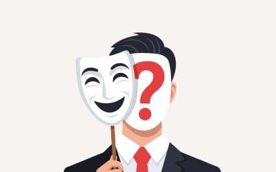 Man in suit holds smiling mask to hide face with question mark, symbolizing hidden identity
