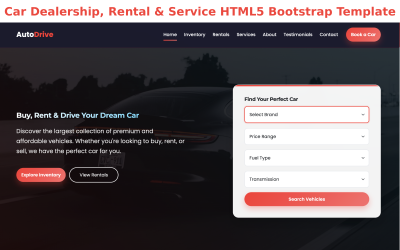 HTML5 Bootstrap-sjabloon voor een website van een autodealer, verhuur- en servicebedrijf.