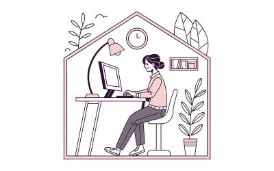 Una joven concentrada trabaja tranquilamente desde el acogedor rincón de su oficina en casa.