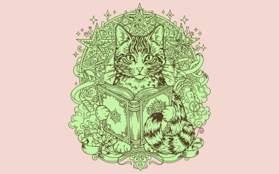 Cat Reading Book Artistic Illustration