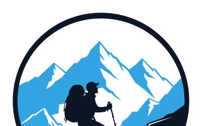 Hiker Silhouette With Backpack Climbing Snowy Mountains Inside Circular Badge Logo Style