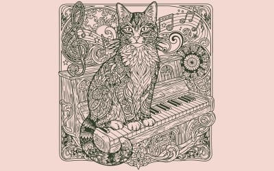 Ilustración artística de un gato sentado sobre el piano