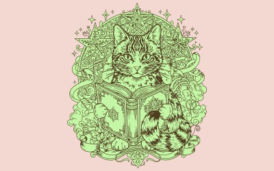 Katt som läser en bok, konstnärlig illustration
