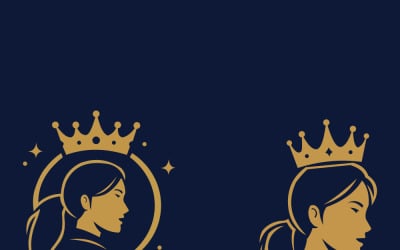Royal Portrait Duo: Two Golden Crowned Women Silhouettes in Circle Frames for Branding