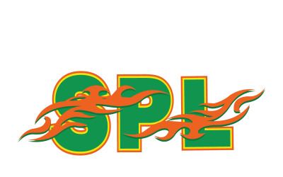 Green and yellow spl letters logo design with orange flames on a white background