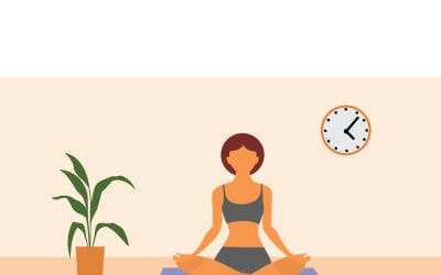 Ilustración de interior de una mujer serena meditando en postura de loto