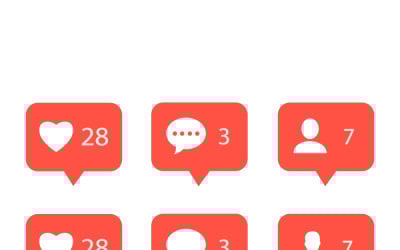 Six Red Social Notification Icons With Like, Comment, And Follower Alerts For Social Media