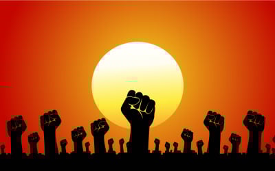 Fists Raised in Sunset Protest Scene Symbolizing Unity, Strength, and Collective Empowerment