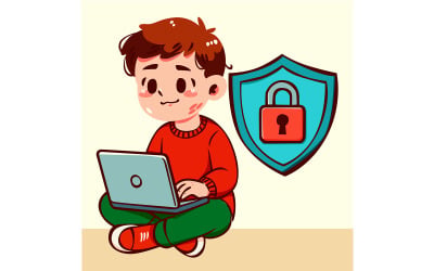 Cartoon-Junge sitzt mit Laptop und Shield