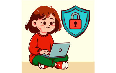 Cartoon-Illustration eines Mädchens, das mit einem Laptop sitzt