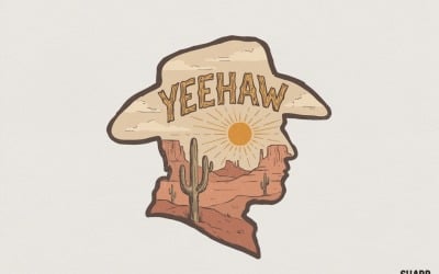 Yeehaw PNG, Western Desert Art, Cowboy Silhouette PNG, Boho Cactus Landscape, Vintage Country