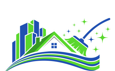 A professional cleaning service logo featuring a house, city skyline, and a broom with sparkles.