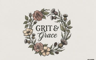 Grit &amp;amp; Grace PNG Floral Wreath, Inspirational Quote Shirt Design, Wildflower Vintage Art,