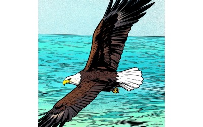 Bald Eagle Flying Beach Against Sky Marvel (Ai Illustration Image + Vector Line Art)