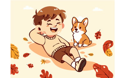 Cartoon Boy and His Dog Lying on Autumn Leaves