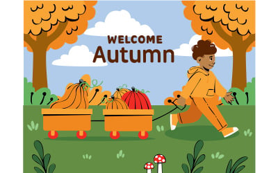 Cartoon Boy Pulling a Cart Full of Pumpkins