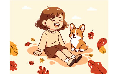 Cartoon Illustration of Girl and Dog Sitting on Autumn Leaves